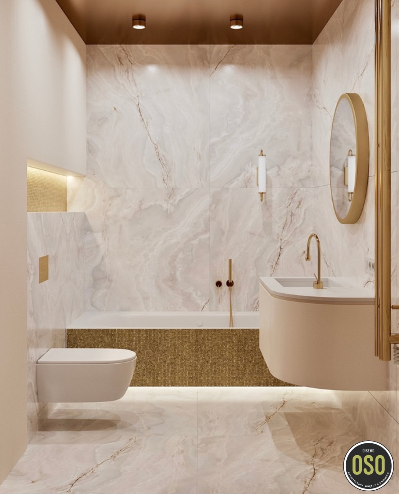 Elegancka łazienka z marmurowymi płytkami, złotymi akcentami i podświetlaną wanną, wisząca toaleta i okrągłe lustro w złotej ramie.