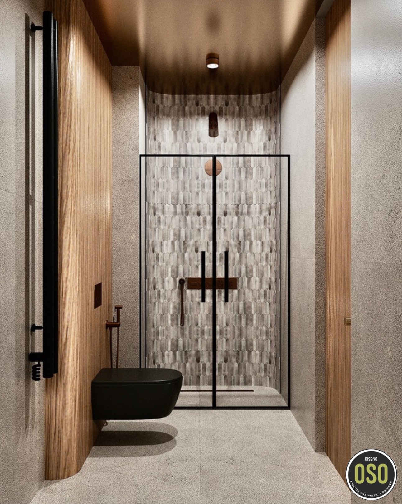 Nowoczesna łazienka z kabiną prysznicową w czarnej ramie, wisząca toaleta w kolorze czarnym, ściana z drewnianą okładziną i dekoracyjna mozaika na ścianie prysznica.