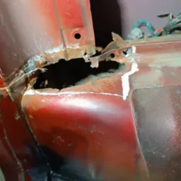 Czerwony element karoserii samochodu z dziurą spowodowaną korozją, w trakcie naprawy z widocznymi śladami rdzy i białym uszczelniaczem.