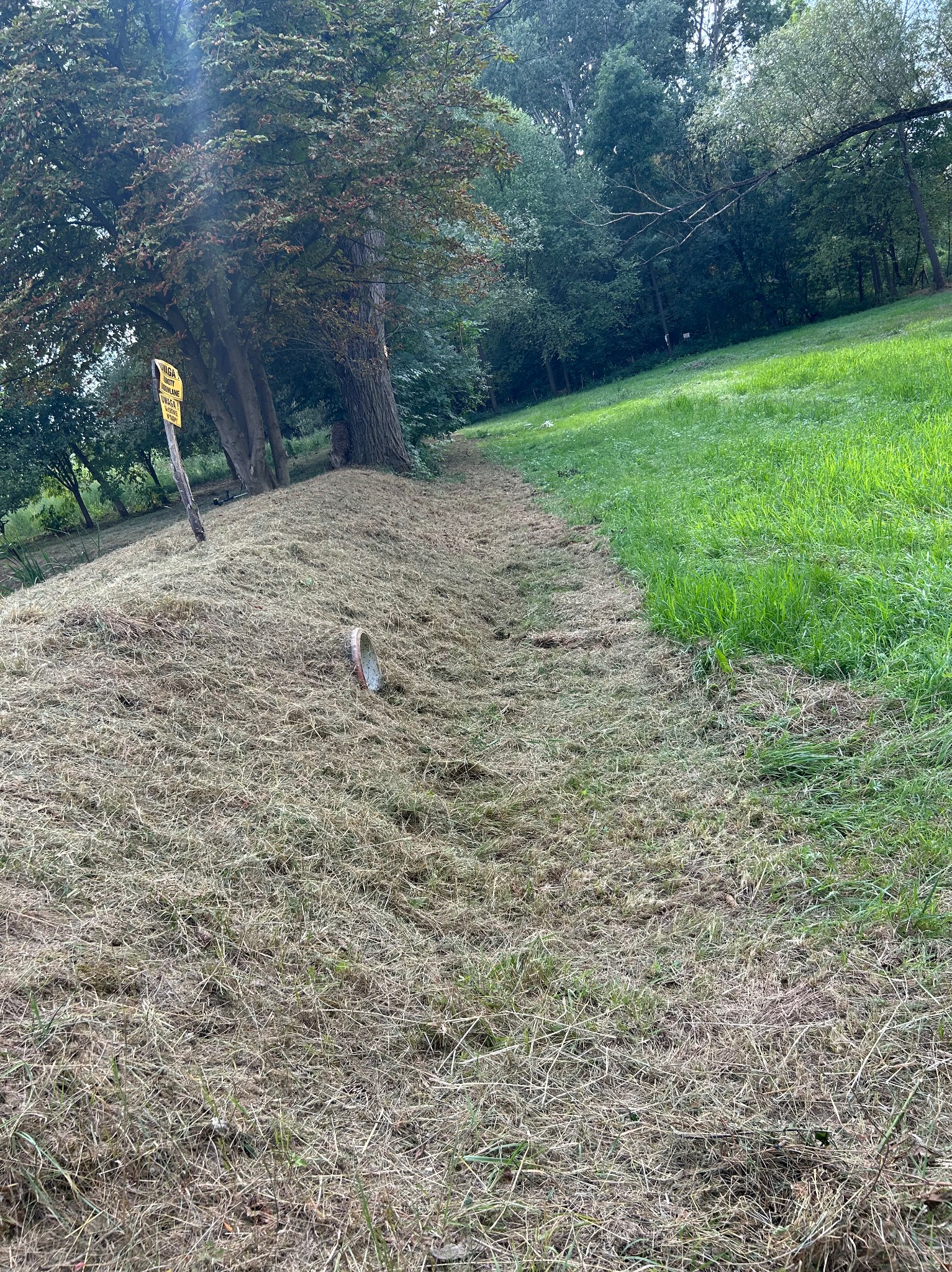Świeżo skoszona trawa na zboczu, widoczna granica z niekoszoną, zieloną trawą, w tle drzewa i żółty znak ostrzegawczy.