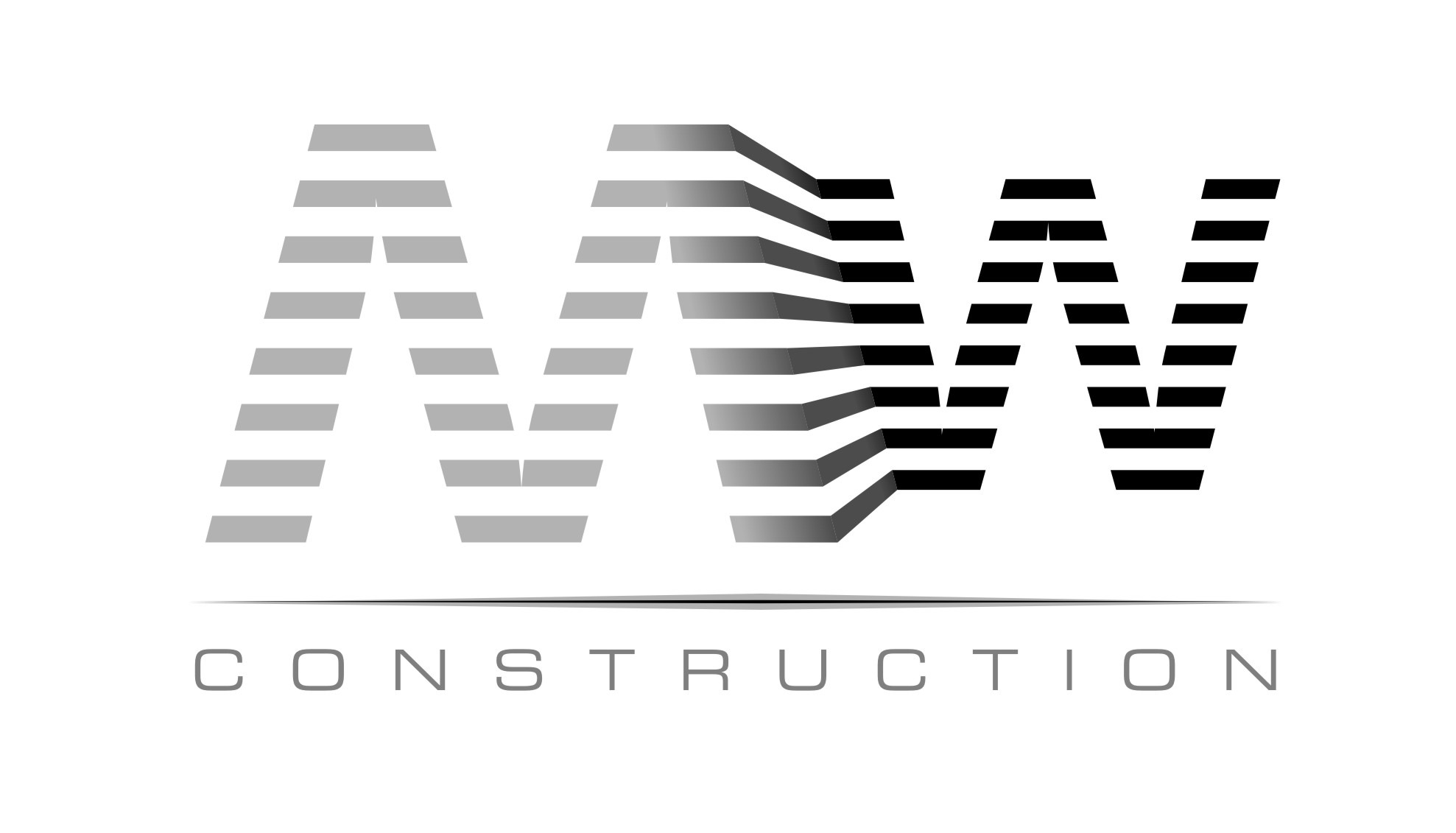 Logo firmy budowlanej z abstrakcyjnymi literami 'AW' zbudowanymi z poziomych segmentów w odcieniach szarości i czerni, nad napisem 'CONSTRUCTION'.