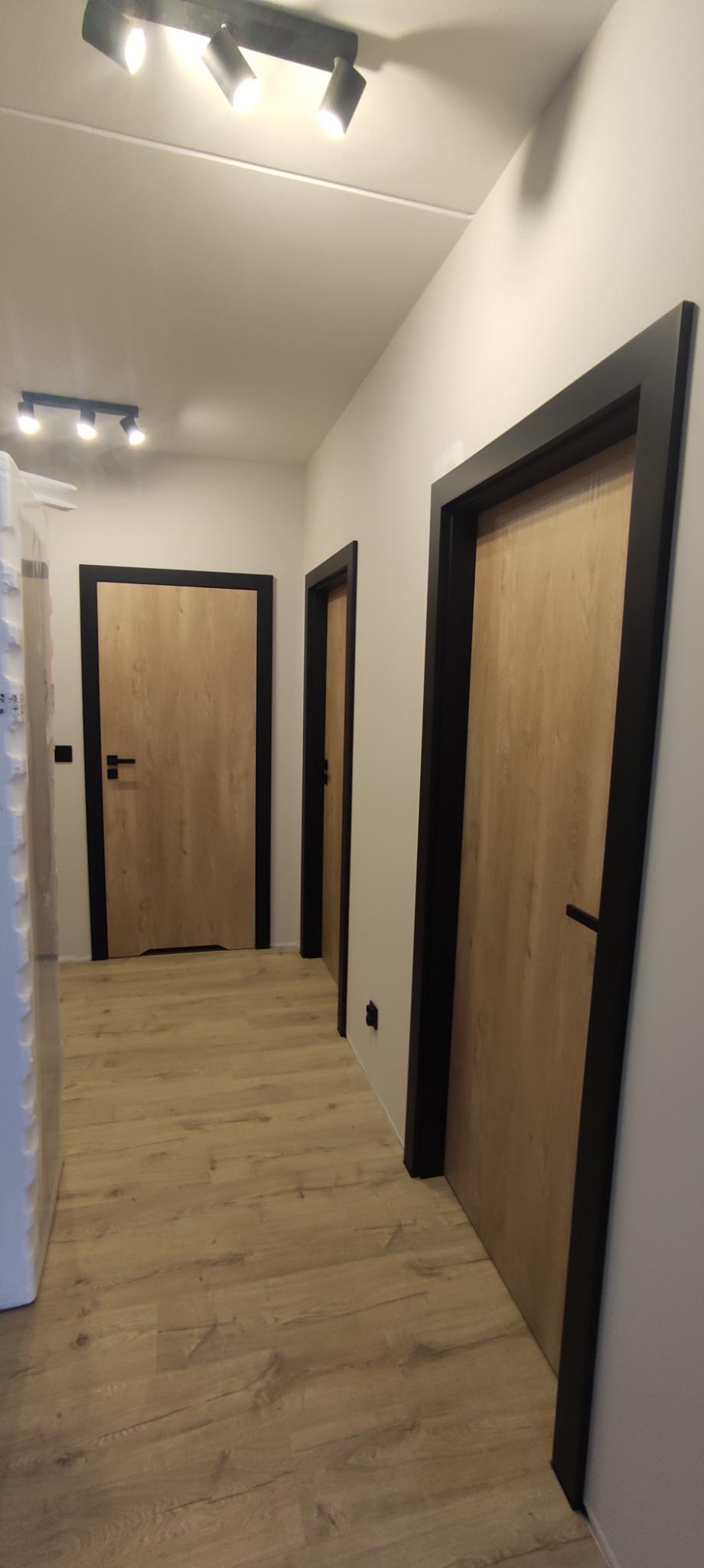 Wnętrze korytarza z trzema zamontowanymi drzwiami wewnętrznymi o drewnopodobnym wykończeniu i czarnych ościeżnicach, widoczne oświetlenie sufitowe i ułożone panele podłogowe.