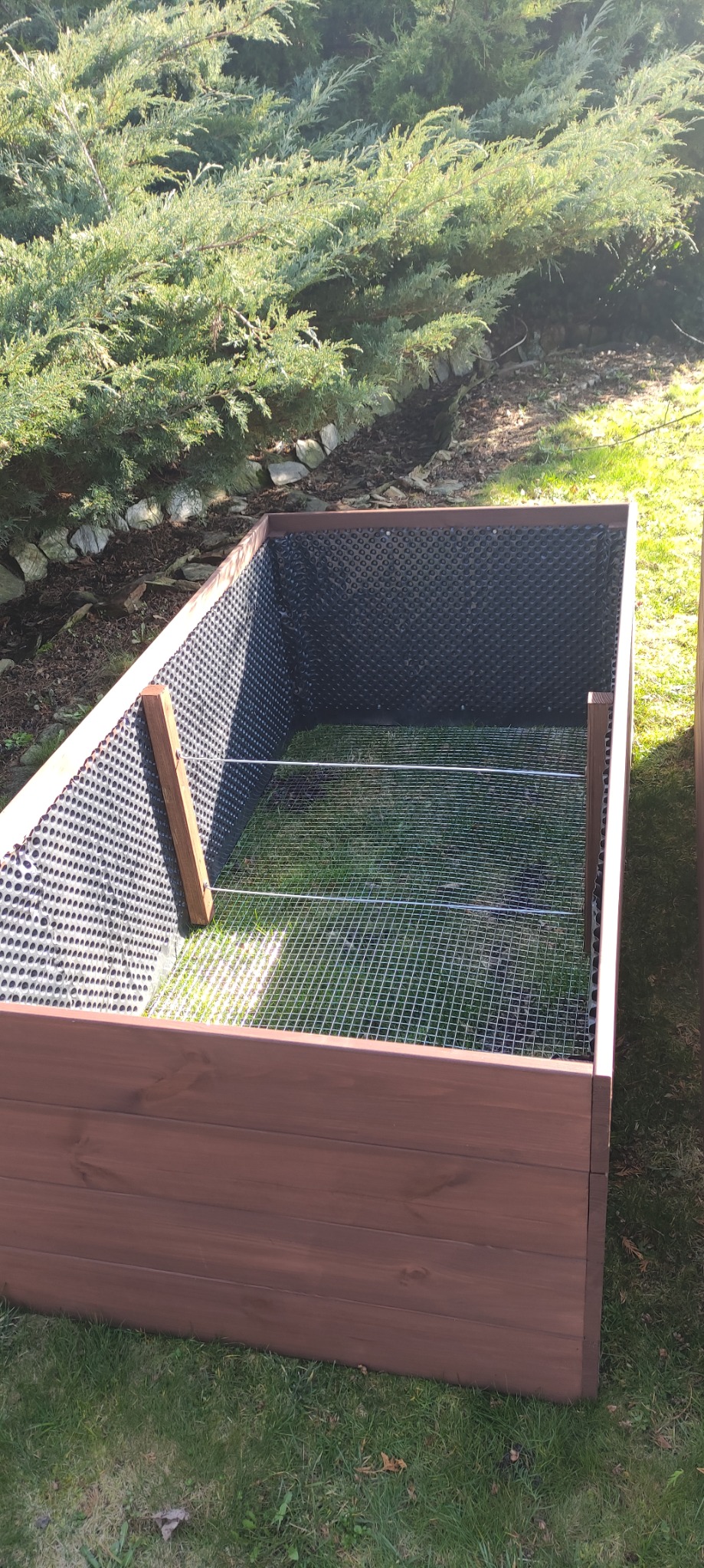 Drewniana skrzynia na warzywa z wewnętrzną wyściółką z tworzywa sztucznego i siatką zabezpieczającą przed gryzoniami, ustawiona na trawniku w ogrodzie.