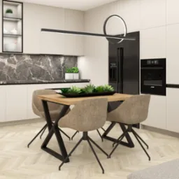 Nowoczesna kuchnia z marmurowym blatem i drewnianym stołem otoczonym tapicerowanymi krzesłami na tle minimalistycznych białych szafek, oświetlona designerską lampą wiszącą.