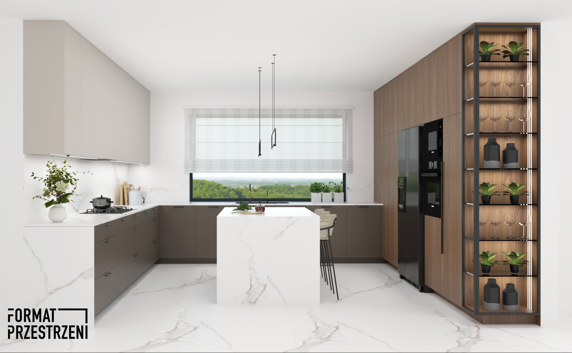 Wizualizacja nowoczesnej kuchni z wyspą, brązowymi szafkami, marmurową podłogą i przeszkloną witryną z roślinami i szkłem.