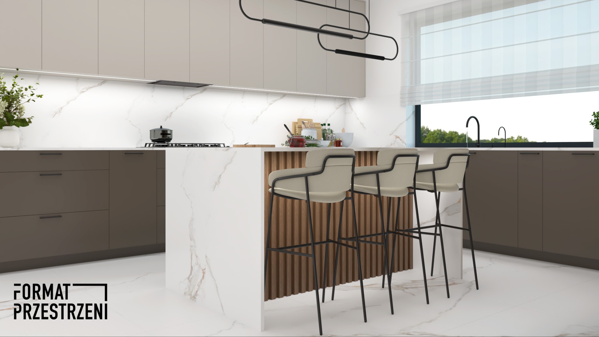 Wizualizacja nowoczesnej kuchni z wyspą, trzema krzesłami barowymi, marmurowym blatem i frontami szafek w odcieniach brązu i beżu, oświetleniem LED i minimalistyczną lampą wiszącą.