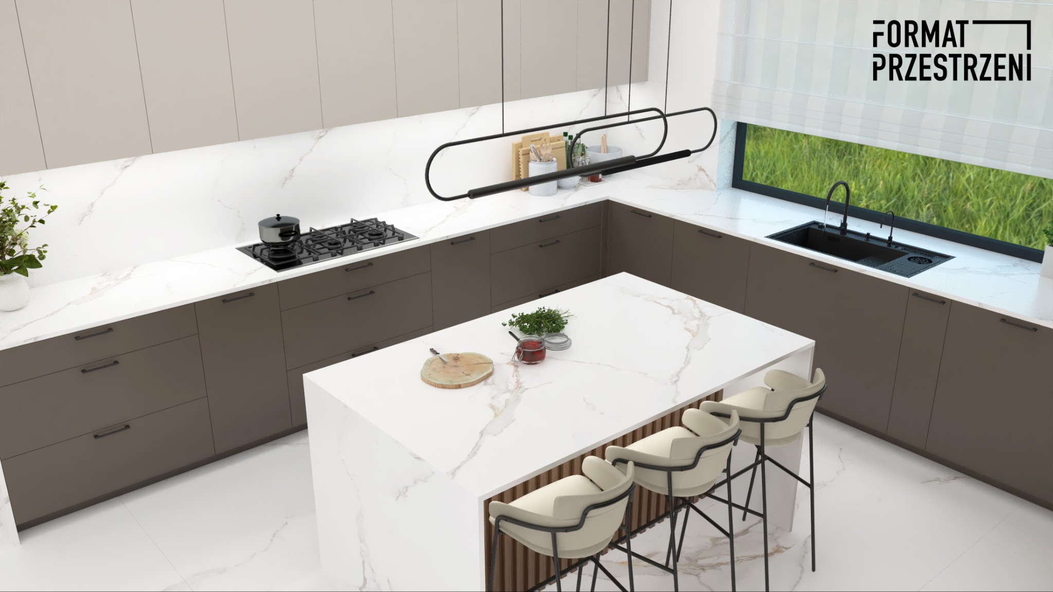 Wizualizacja nowoczesnej kuchni w odcieniach szarości i bieli, z wyspą kuchenną z blatem imitującym marmur, czterema hokerami, minimalistycznym oświetleniem i widokiem na zieleń za oknem.