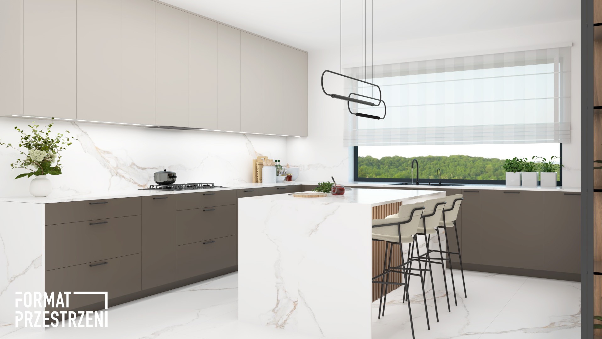 Wizualizacja nowoczesnej kuchni z wyspą, jasnymi szafkami górnymi i brązowymi dolnymi, marmurowym blatem i backsplash, oświetleniem LED pod szafkami, minimalistyczną lampą wiszącą i trzema hokerami...