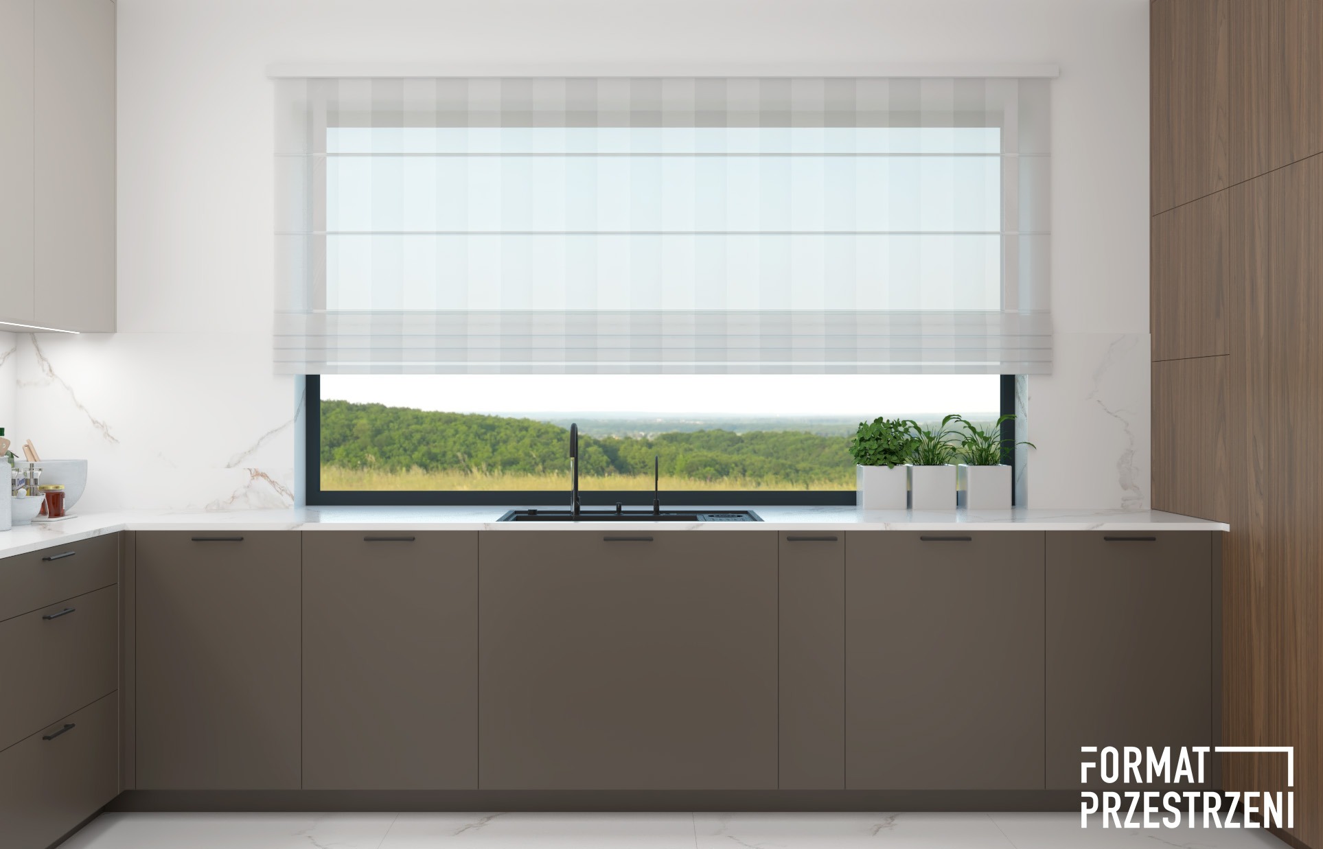 Wizualizacja nowoczesnej kuchni z brązowymi szafkami, białym blatem z marmurowym wzorem i oknem z roletą rzymską, za którym widać zielony krajobraz.