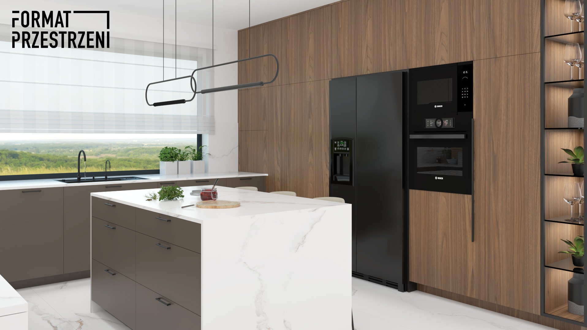 Nowoczesna kuchnia z wyspą, brązowymi szafkami i drewnianymi panelami ściennymi, czarny sprzęt AGD Bosch, widok na zewnątrz przez okno z żaluzjami.