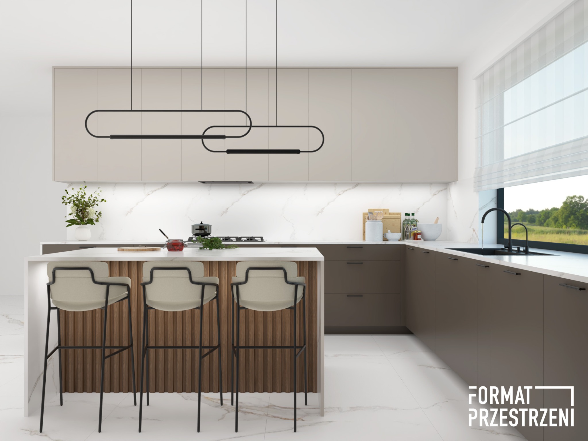 Nowoczesna kuchnia z wyspą, beżowe szafki, marmurowy blat i podłoga, trzy hockery z drewnianym panelem, designerska lampa wisząca.
