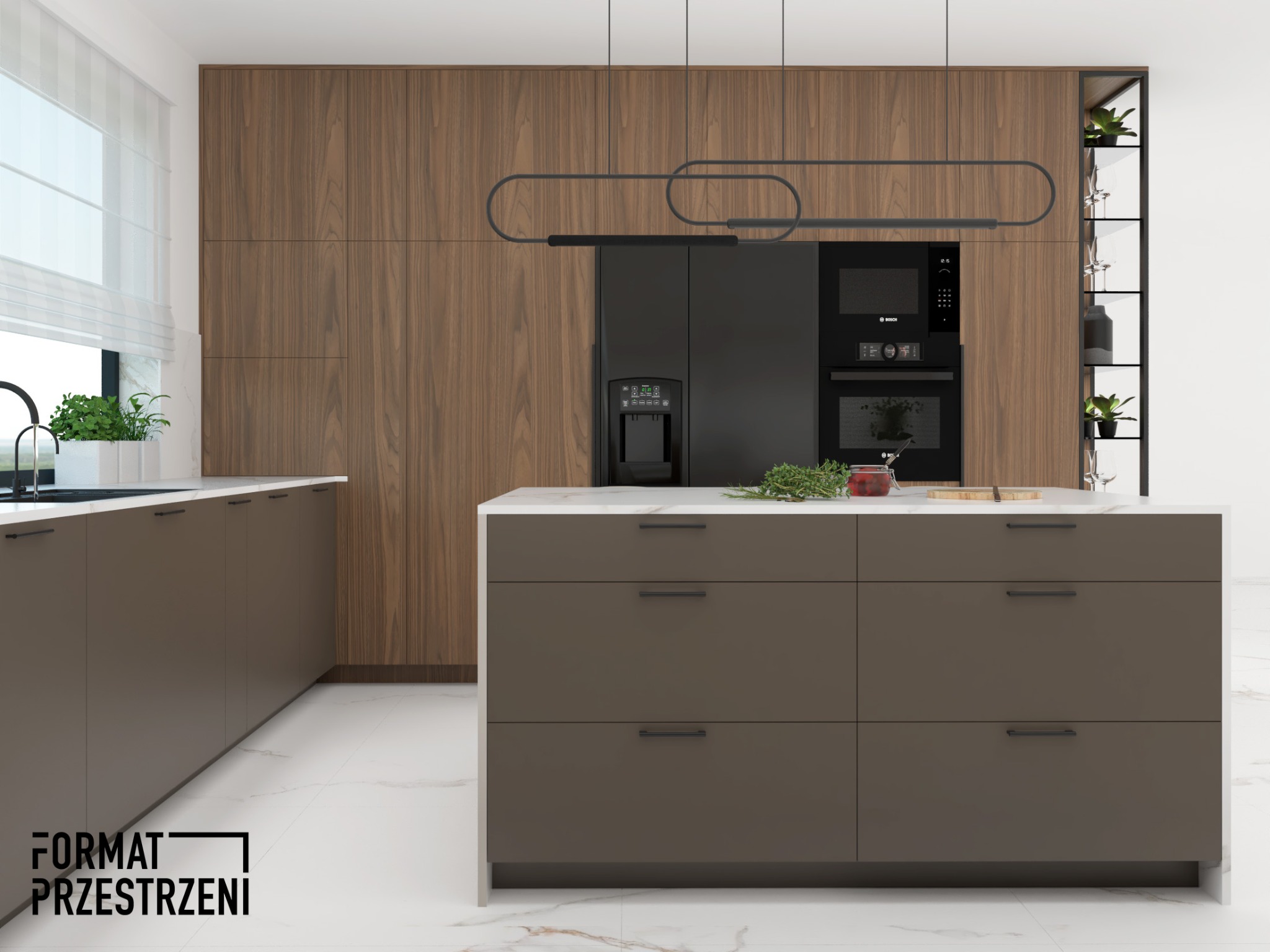 Nowoczesna kuchnia z drewnianymi szafkami, czarnym sprzętem AGD i wyspą z marmurowym blatem, oświetlona designerską lampą.