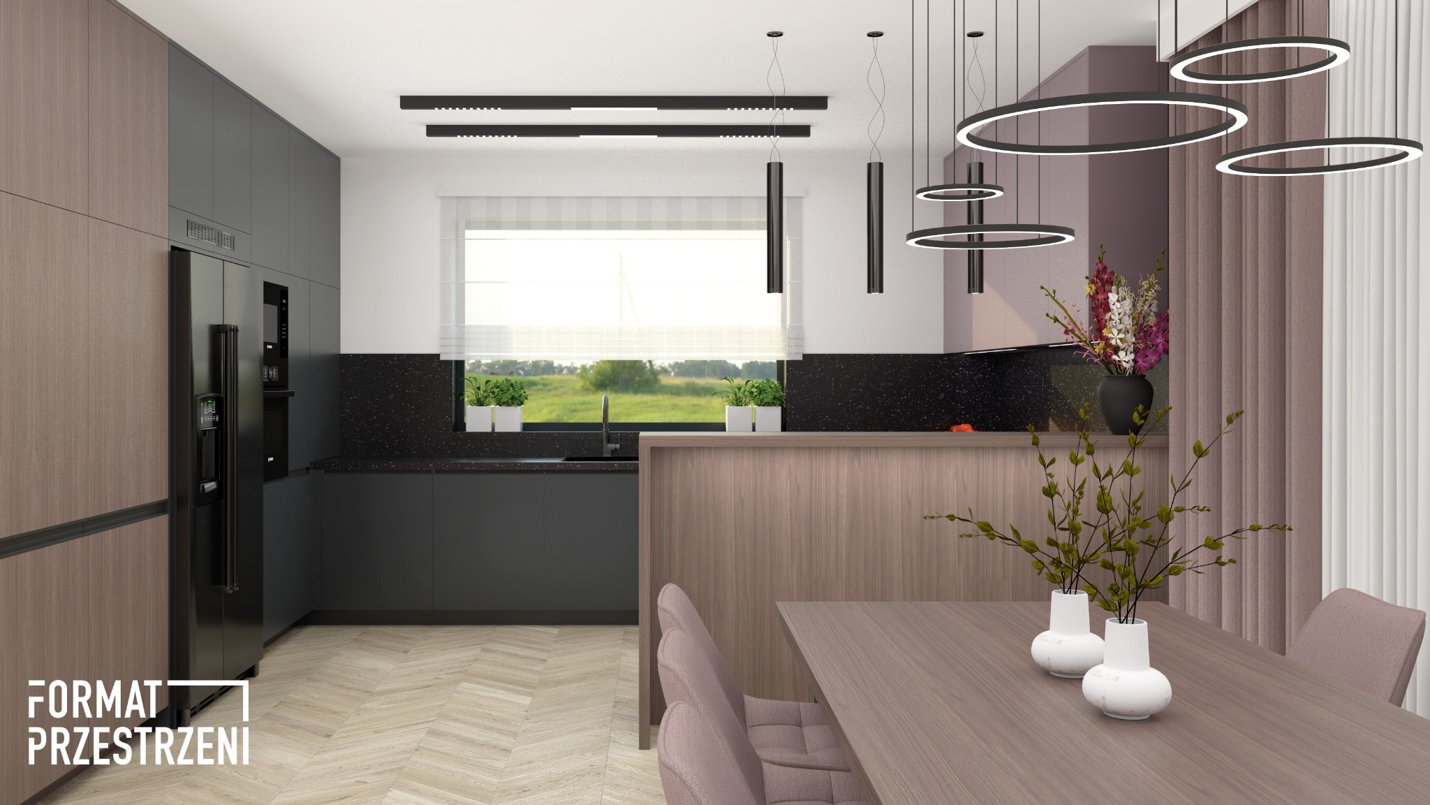 Wizualizacja nowoczesnej kuchni z jadalnią: ciemne szafki z czarnym blatem, drewniane akcenty, okrągłe lampy wiszące, stół z krzesłami w odcieniach różu i parkiet w jodełkę.
