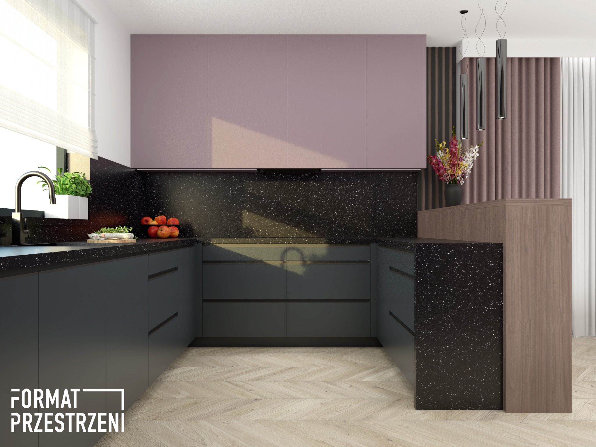 Wizualizacja nowoczesnej kuchni z ciemnymi, matowymi frontami szafek, blatem z czarnego, iskrzącego spieku kwarcowego i jasnofioletowymi szafkami górnymi. Na blacie widoczne owoce i zioła. Podłoga...