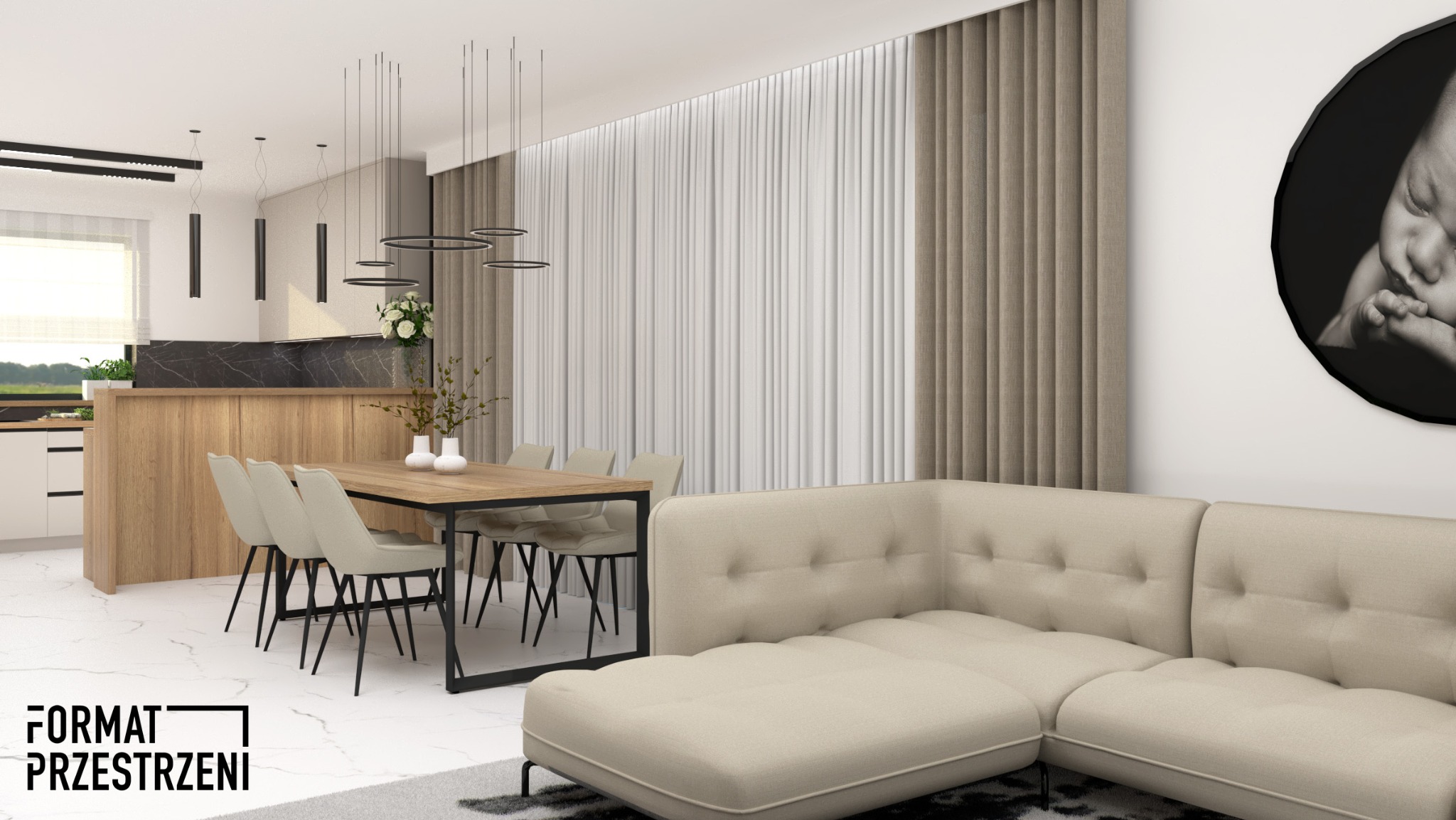 Wizualizacja salonu z aneksem kuchennym: beżowa sofa narożna, drewniany stół z krzesłami na czarnych nogach, marmurowa podłoga, czarno-białe zdjęcie dziecka na ścianie, okno z żaluzjami.