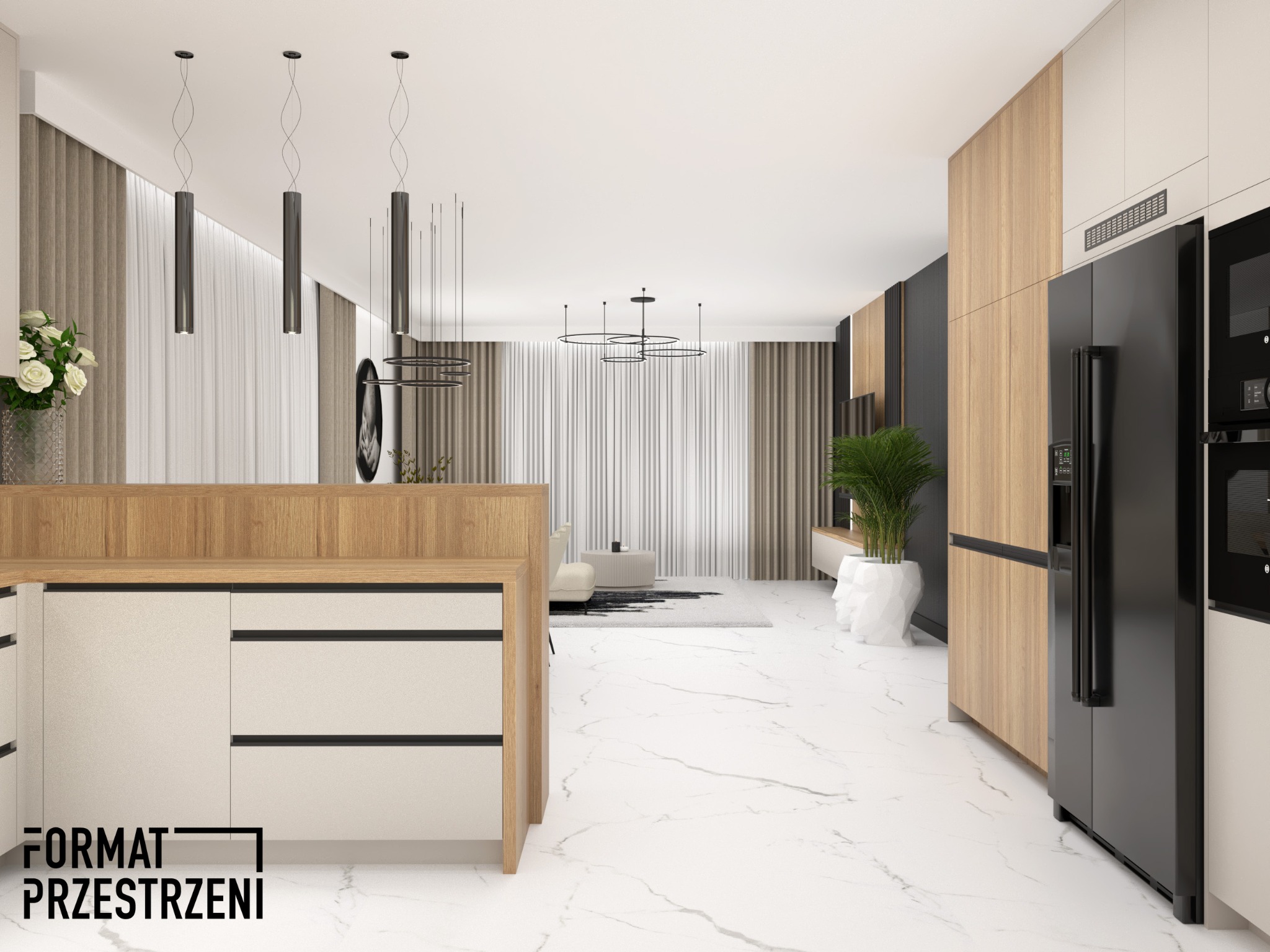 Wnętrze nowoczesnego mieszkania z otwartą kuchnią, marmurową podłogą, drewnianymi akcentami i designerskim oświetleniem.