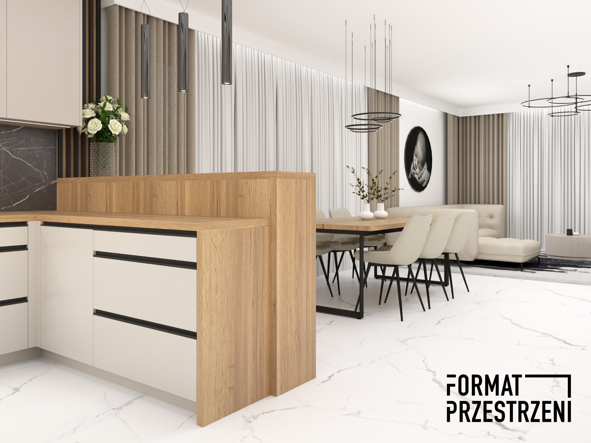 Wizualizacja wnętrza: kuchnia z drewnianą zabudową, marmurowy blat i podłoga, stół jadalny z krzesłami, sofa w tle, nowoczesne oświetlenie.