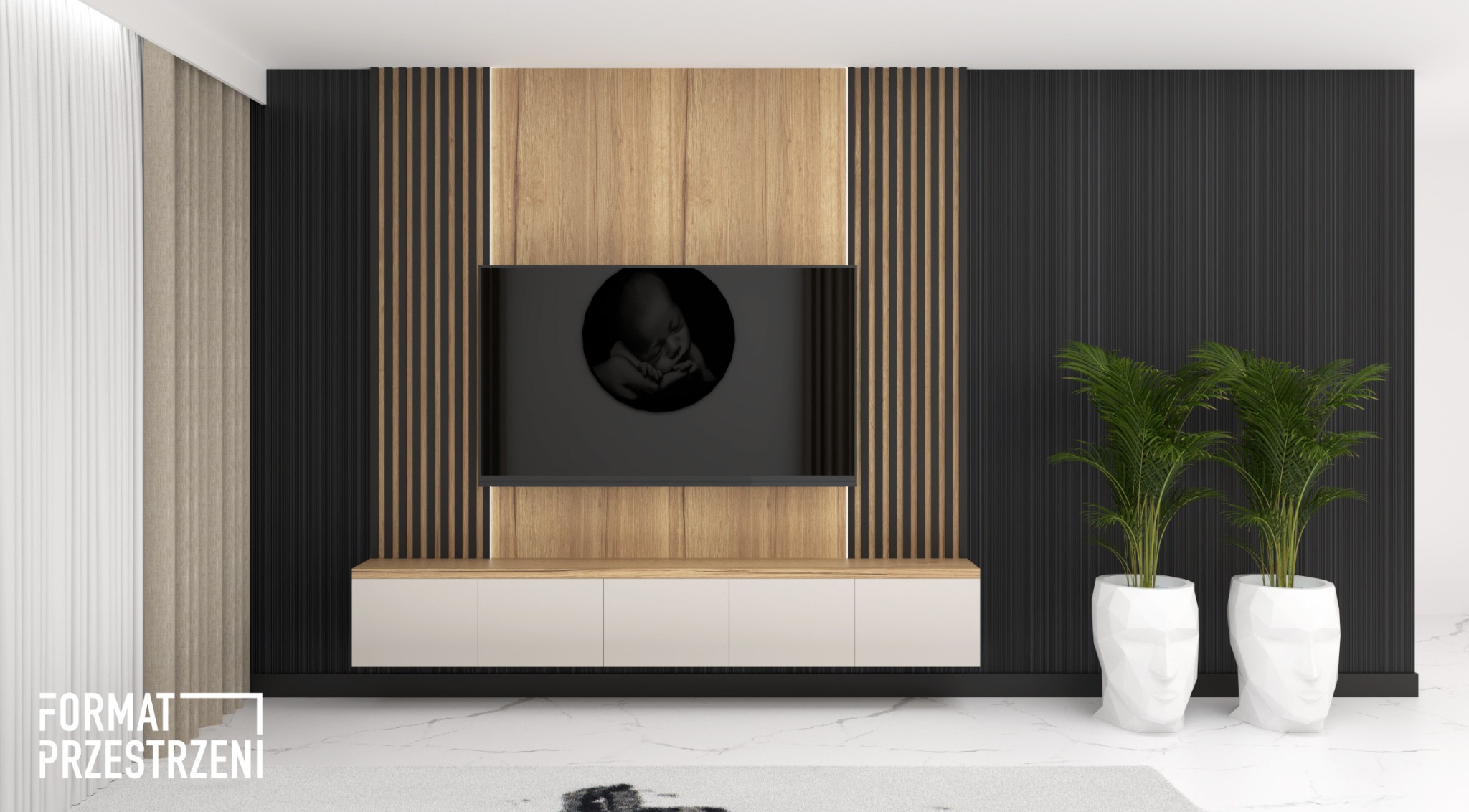 Nowoczesna ściana TV z drewnianymi lamelami i czarnym tłem, biała szafka RTV z frontami bez uchwytów, donice w kształcie głowy z zielonymi roślinami, marmurowa podłoga.