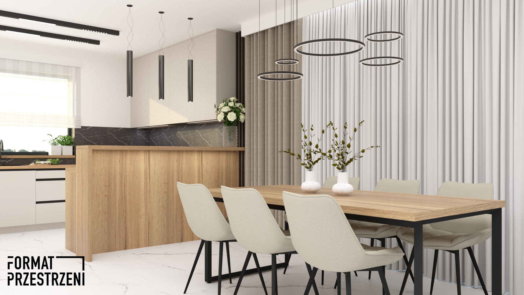 Wizualizacja jadalni z drewnianym stołem na metalowych nogach, krzesłami w kolorze ecru, okrągłymi lampami wiszącymi i kuchnią z drewnianym blatem w tle.