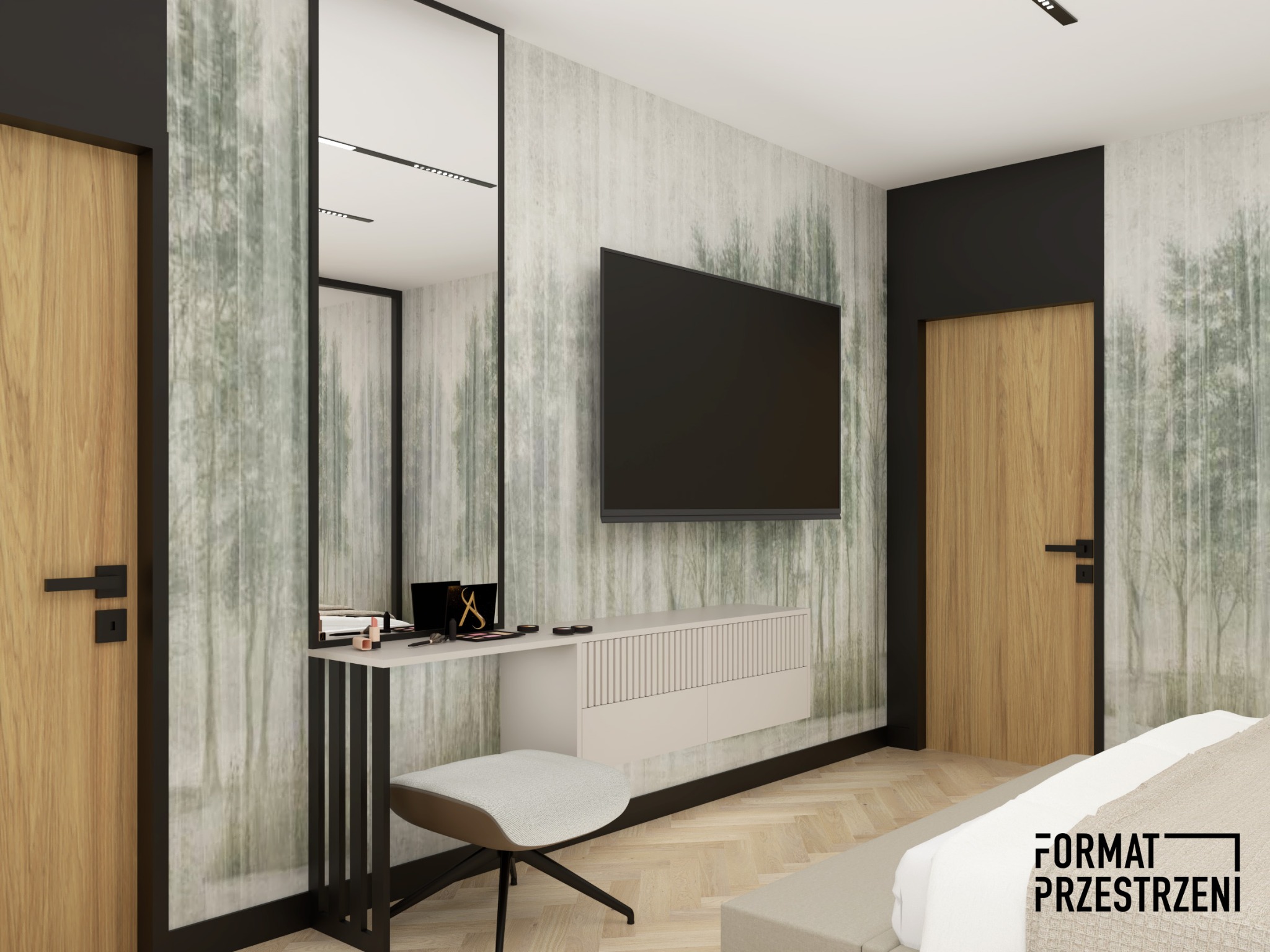 Nowoczesna sypialnia z toaletką i lustrem, ściana z motywem lasu, drewniane drzwi, parkiet w jodełkę.