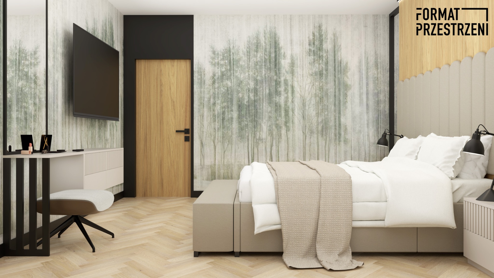 Nowoczesna sypialnia z łóżkiem kontynentalnym, tapetą z motywem leśnym, toaletką z lustrem i telewizorem na ścianie. Parkiet ułożony w jodełkę. Widoczne logo 'Format Przestrzeni' w górnym rogu.