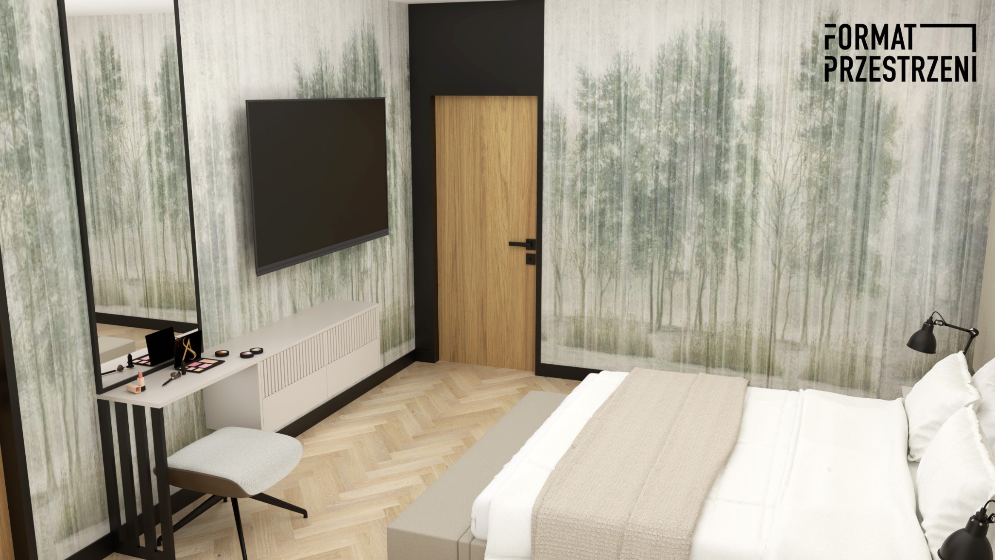 Wizualizacja sypialni z tapetą w motywie leśnym, toaletką z lustrem i kosmetykami, telewizorem na ścianie, drewnianymi drzwiami oraz parkietem w jodełkę.