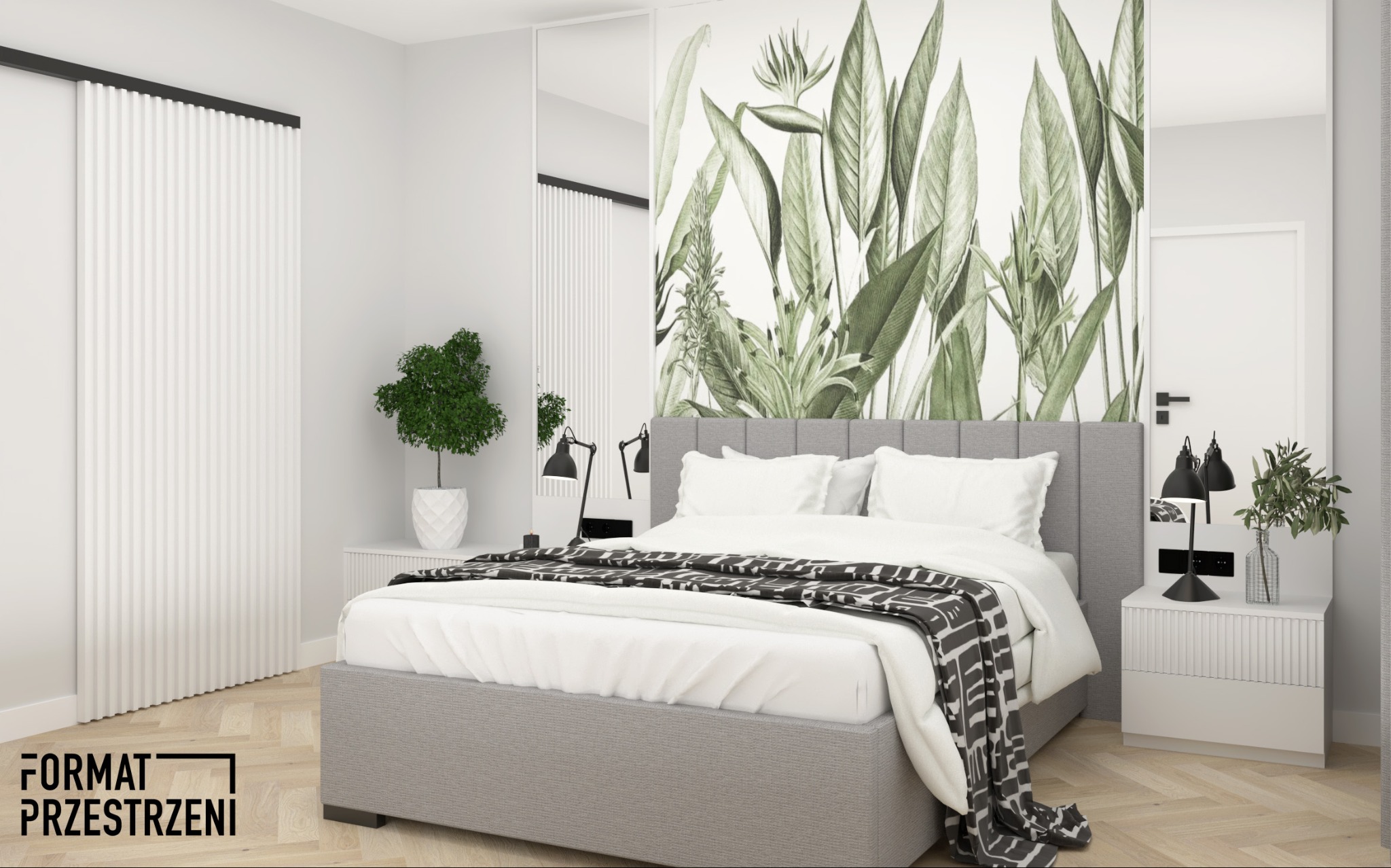 Nowoczesna sypialnia z łóżkiem kontynentalnym w szarej tapicerce, białą pościelą i narzutą w geometryczny wzór. Za łóżkiem fototapeta z motywem tropikalnych liści. Po bokach łóżka szafki nocne...