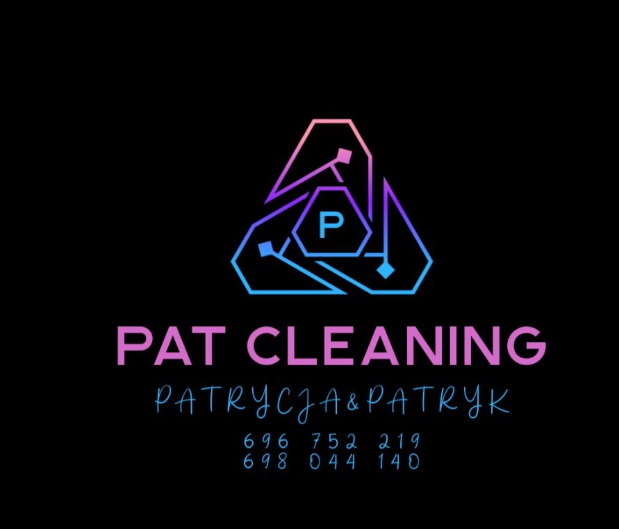 Gradientowe logo firmy sprzątającej PAT CLEANING z numerami telefonów kontaktowych na czarnym tle.