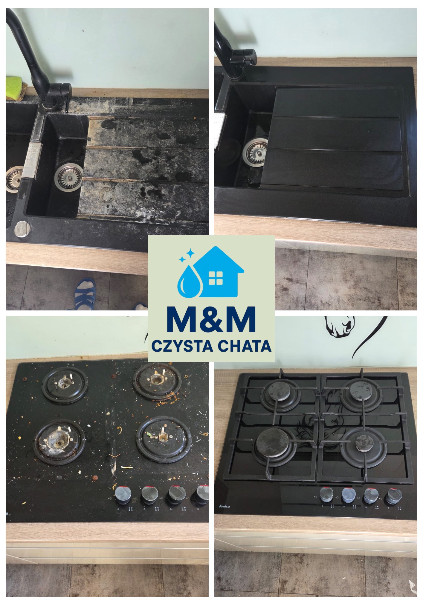 Zestawienie przed i po: czyszczenie zlewu i płyty kuchennej. Zlew i płyta brudne, a następnie lśniące czystością. Widoczne detale: armatura, palniki, powierzchnia.
