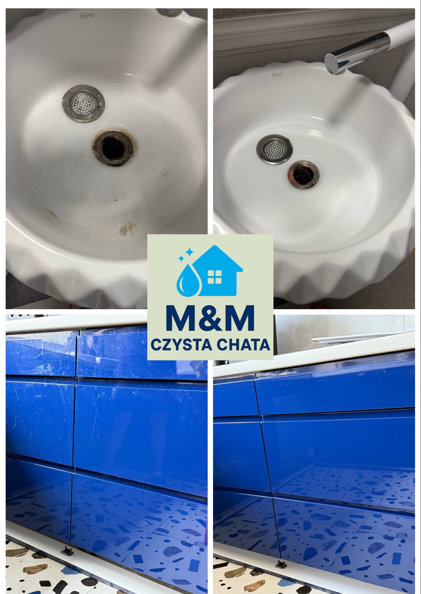 Zdjęcie 'przed i po' czyszczenia umywalki i szafek kuchennych z niebieskimi frontami. Widoczne różnice w czystości i połysku powierzchni. Logo firmy sprzątającej w centrum.