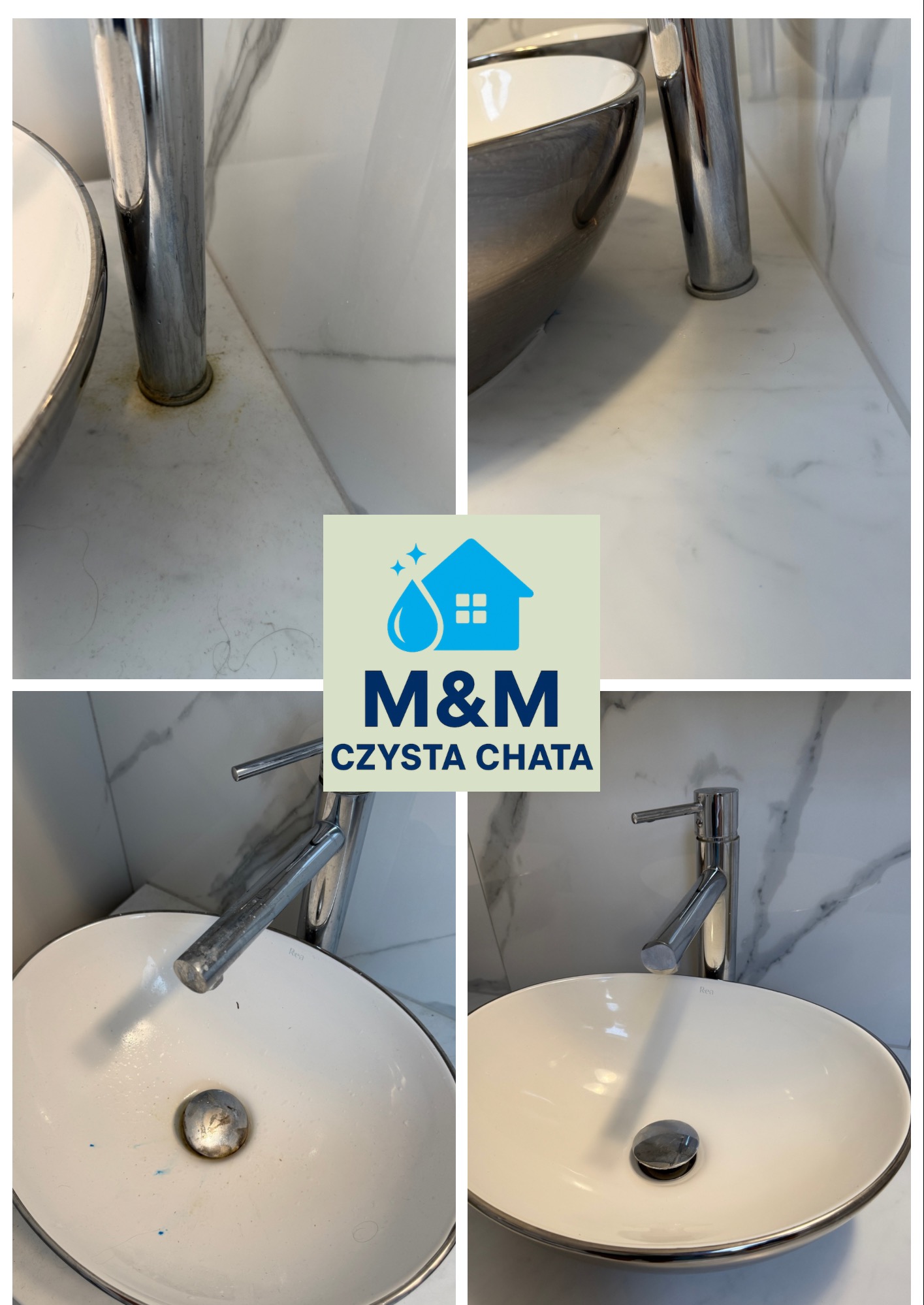 Kolaż 'przed i po' prezentujący umywalki łazienkowe: zabrudzona armatura i powierzchnie vs. lśniąca czystość po sprzątaniu. Marmurowe tło, logo firmy sprzątającej.