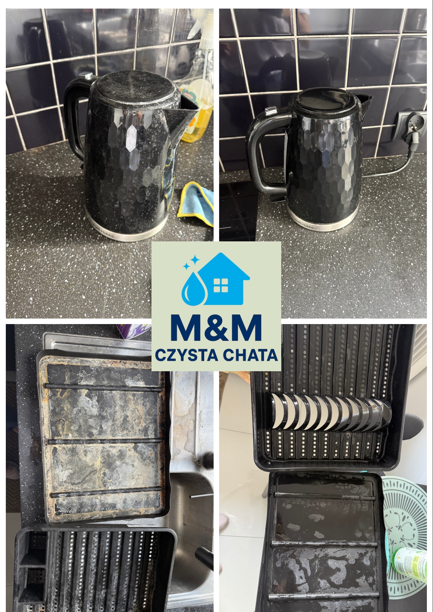 Czajnik i ociekacz do naczyń przed i po czyszczeniu. Porównanie stanu zabrudzeń i efektu po sprzątaniu. Usługa sprzątania M&M Czysta Chata.
