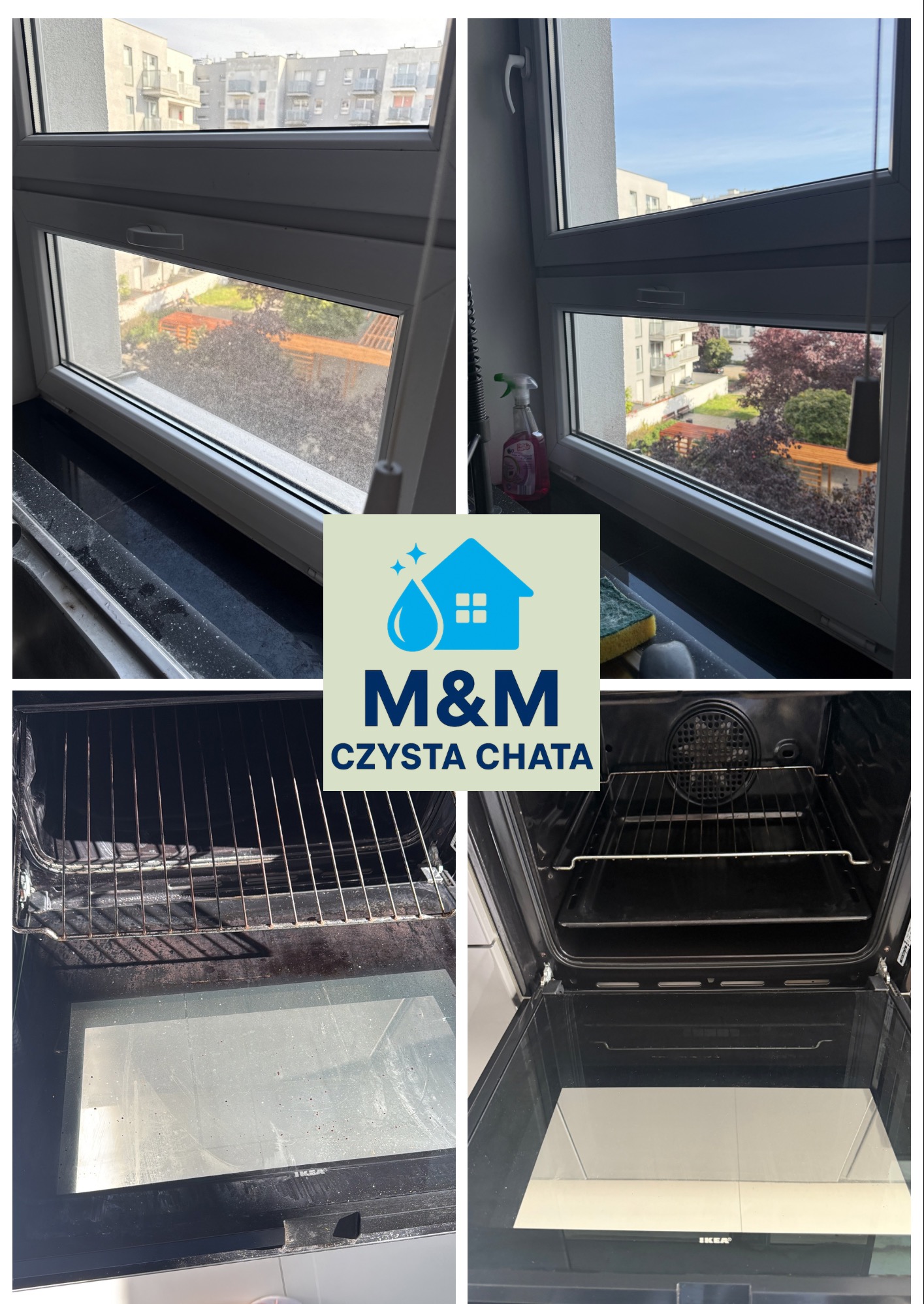 Kolaż: okno przed i po umyciu, piekarnik przed i po czyszczeniu. Widoczne budynki za oknem i wnętrze piekarnika. Efekt czystości.