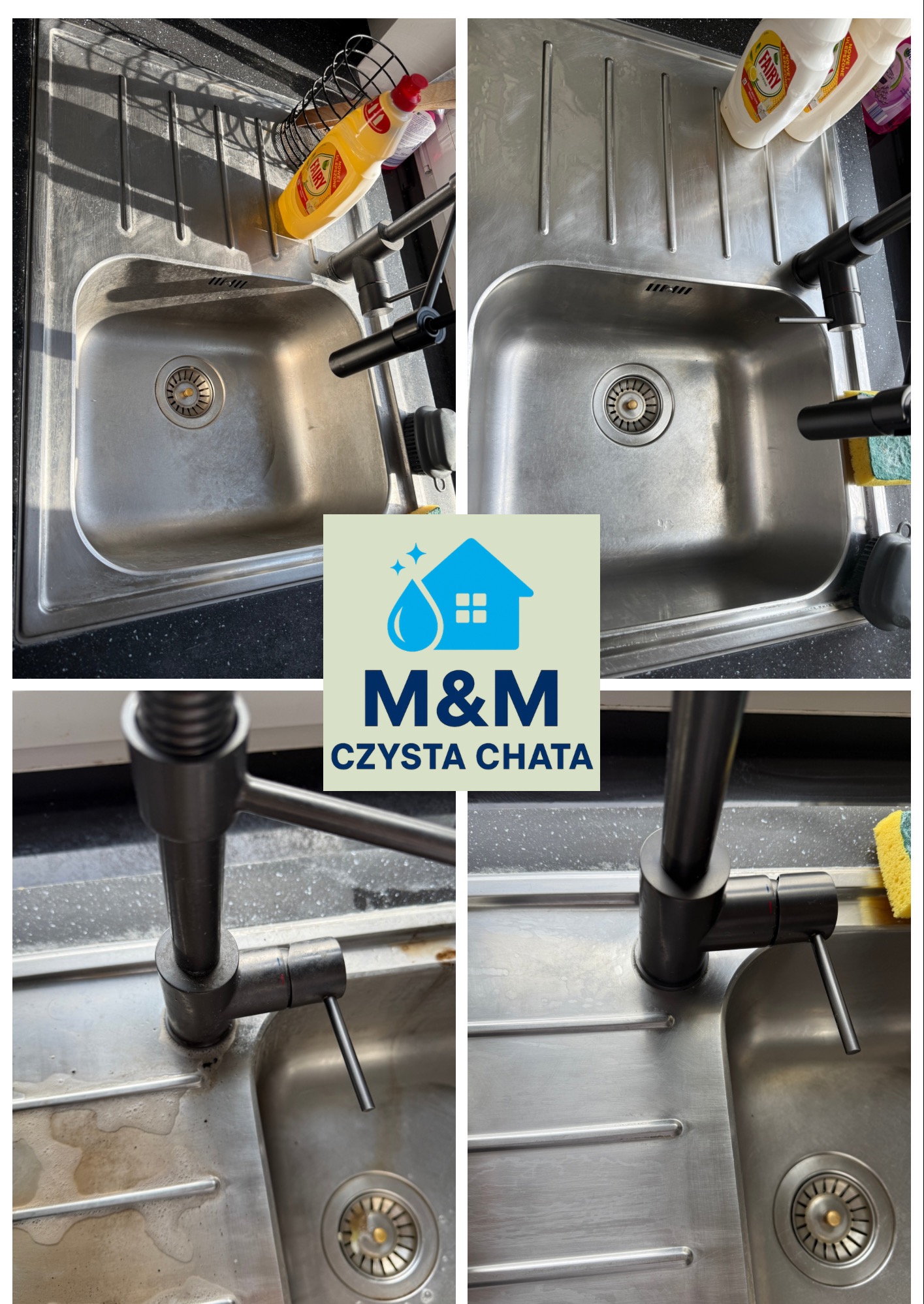 Czteropanelowe ujęcie zlewu kuchennego: przed i po czyszczeniu, z widocznymi środkami czystości i gąbką, podkreślające efekt sprzątania.