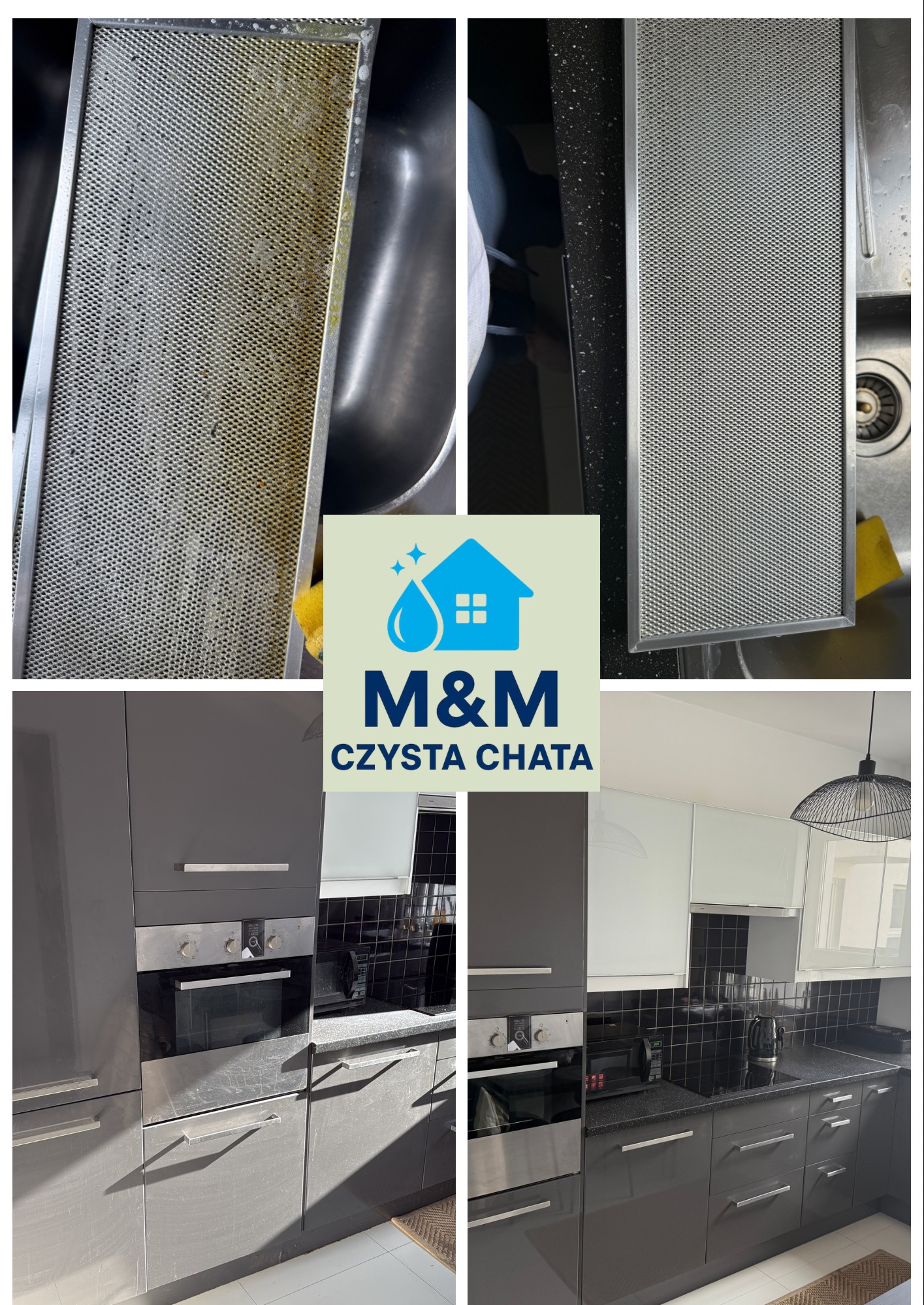 Filtr okapu kuchennego przed i po czyszczeniu, oraz kuchnia przed i po sprzątaniu. Widoczne różnice w czystości i połysku powierzchni.