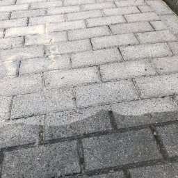Maksymilian Reluga - Szara kostka brukowa, częściowo mokra, z widocznymi śladami czyszczenia, z bliska.