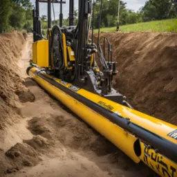 Żółto-czarna maszyna do przewiertów sterowanych w trakcie pracy w ziemi, widoczna w wykopie w okolicy Krakowa.