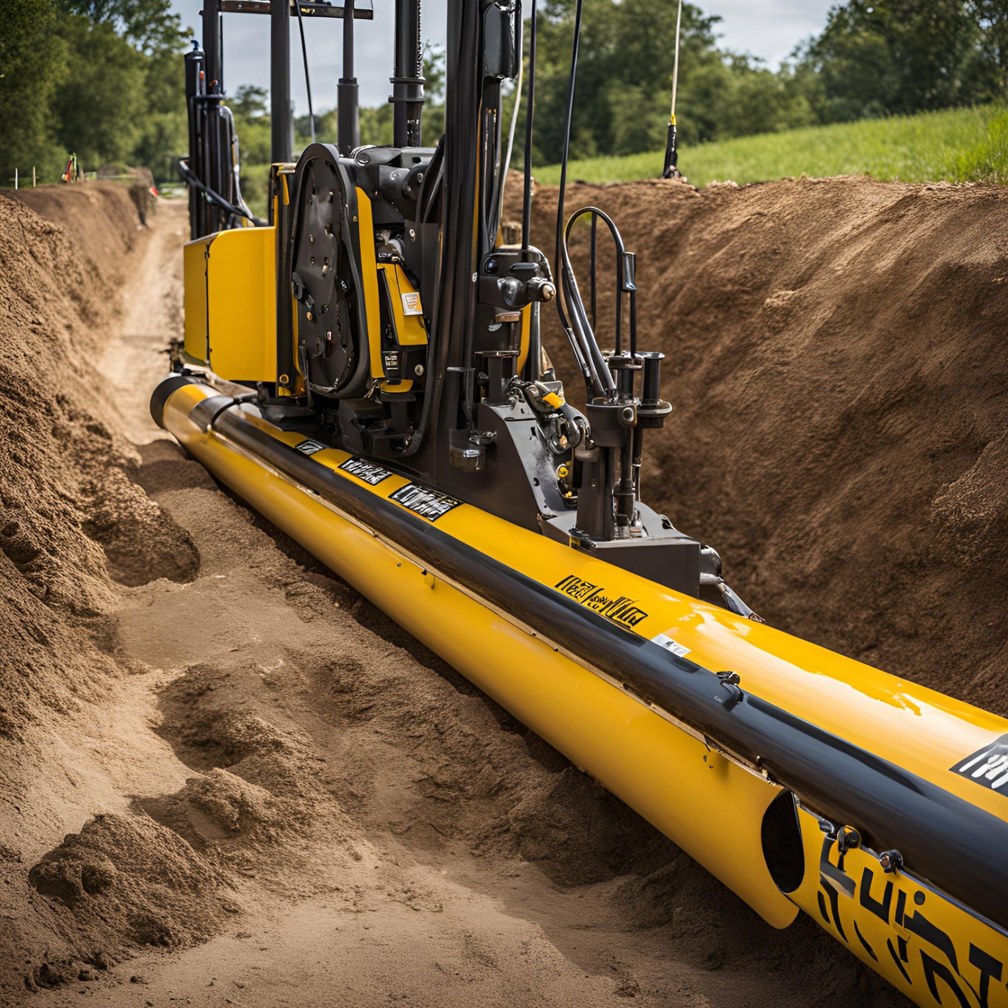 Żółto-czarna maszyna do przewiertów sterowanych w trakcie pracy w ziemi, widoczna w wykopie w okolicy Krakowa.