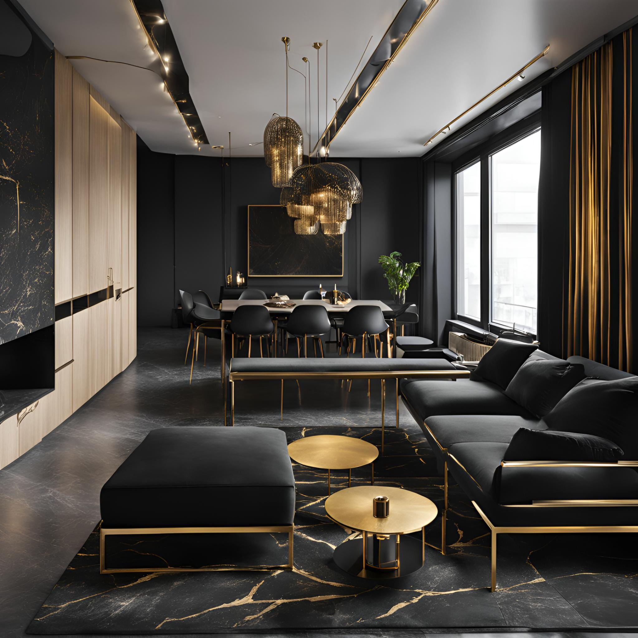 Eleganckie wnętrze salonu z czarnymi ścianami, marmurową podłogą z złotymi żyłami, sofą z złotymi nogami, okrągłymi stolikami kawowymi i wiszącymi lampami w stylu glamour.
