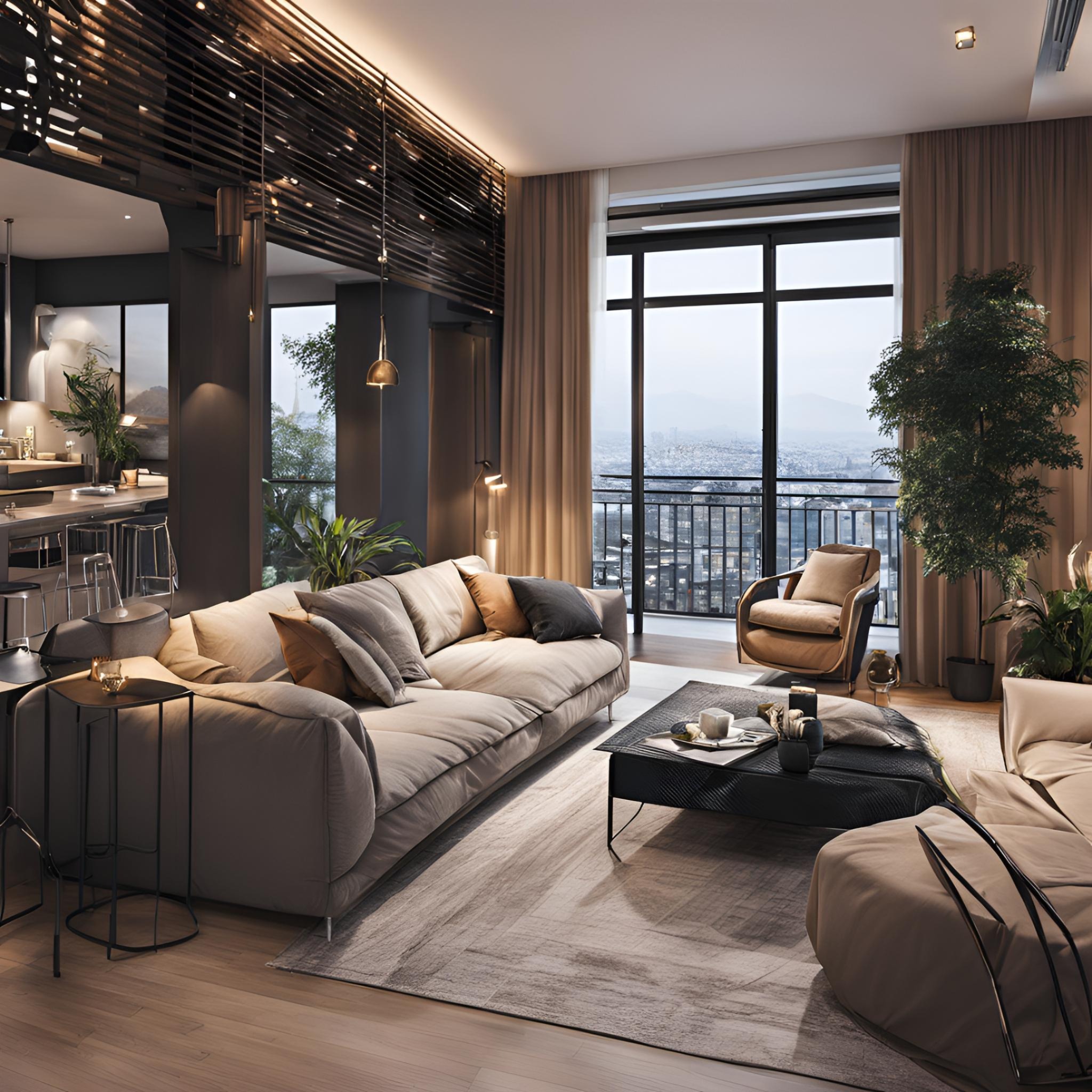 Nowoczesny salon z beżową sofą, czarnym stolikiem kawowym i widokiem na miasto zza okna balkonowego.