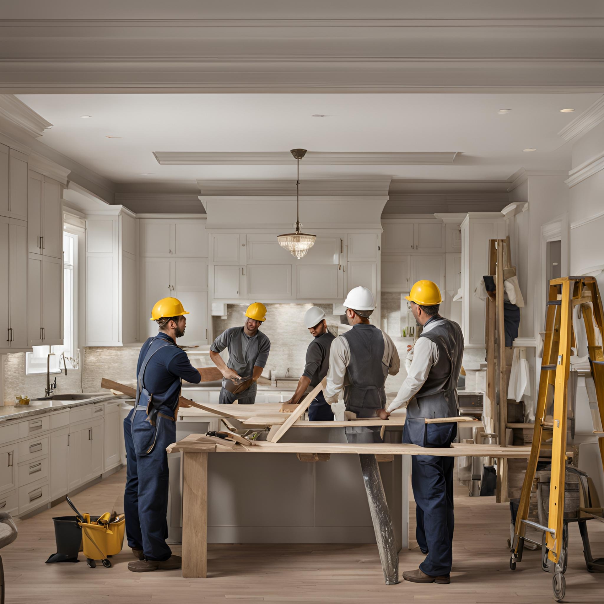 Ekipa remontowa w żółtych kaskach pracuje nad drewnianym blatem w trakcie remontu kuchni z białymi szafkami, widoczne narzędzia i drabina