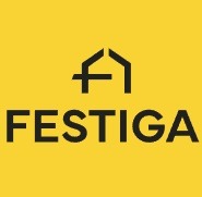 Żółte tło z czarnym logo firmy Festiga, składającym się ze stylizowanego domu nad nazwą firmy.