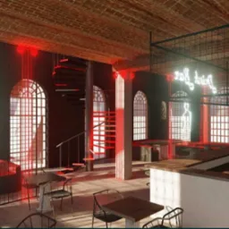 Wizualizacja wnętrza baru z ceglanym sklepieniem, neonem w kształcie postaci kobiecej, czerwonymi akcentami oświetleniowymi i spiralnymi schodami, widok na część baru z krzesłami i stolikami.