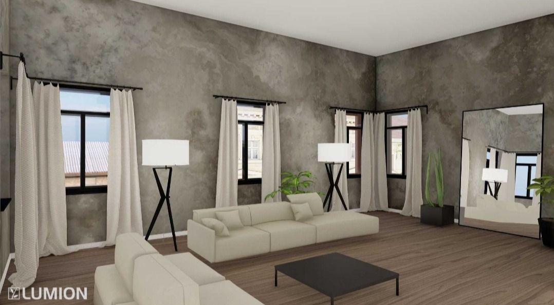 Wizualizacja przestronnego salonu z szarą, teksturowaną ścianą, jasnymi sofami modułowymi, czarnym stolikiem kawowym, wysokimi lampami podłogowymi na trójnożnych podstawach oraz dużym lustrem...