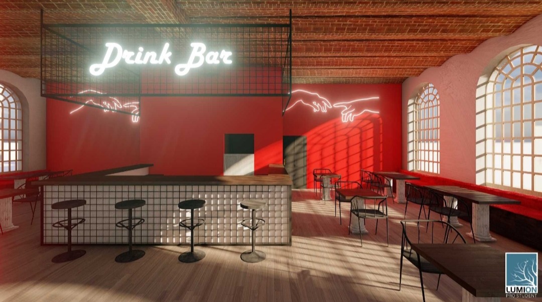 Wizualizacja wnętrza baru z ceglanym sufitem, neonem 'Drink Bar' i podświetloną grafiką dłoni na czerwonej ścianie, drewnianym parkietem i oknami łukowymi.