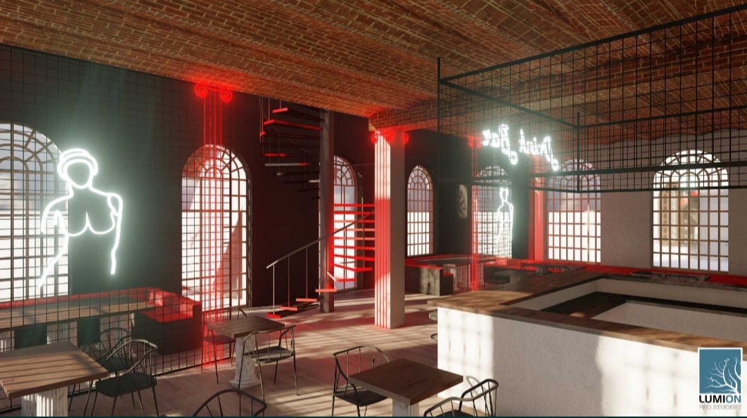Wizualizacja wnętrza baru z ceglanym sklepieniem, neonem w kształcie postaci kobiecej, czerwonymi akcentami oświetleniowymi i spiralnymi schodami, widok na część baru z krzesłami i stolikami.