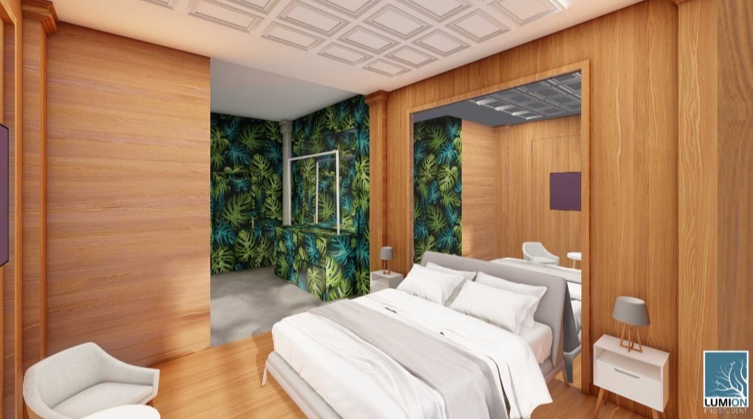 Wizualizacja sypialni z drewnianymi panelami ściennymi i tapetą w motywie tropikalnych liści, widok na garderobę z lustrem, białe meble i szara pościel.