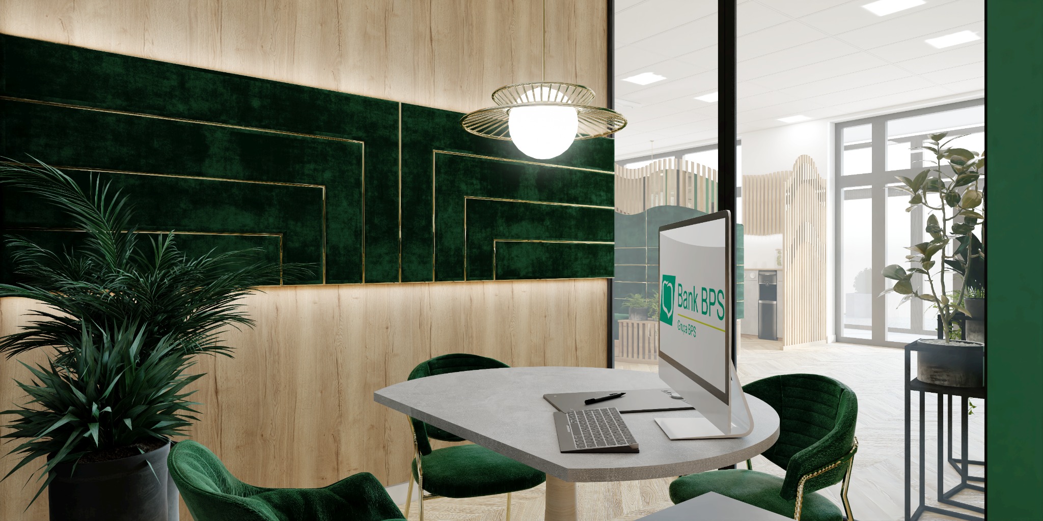 Wizualizacja wnętrza biura z zielonymi, welurowymi panelami ściennymi z złotymi akcentami, okrągłym stołem konferencyjnym, komputerem z logo Banku BPS i roślinami doniczkowymi.