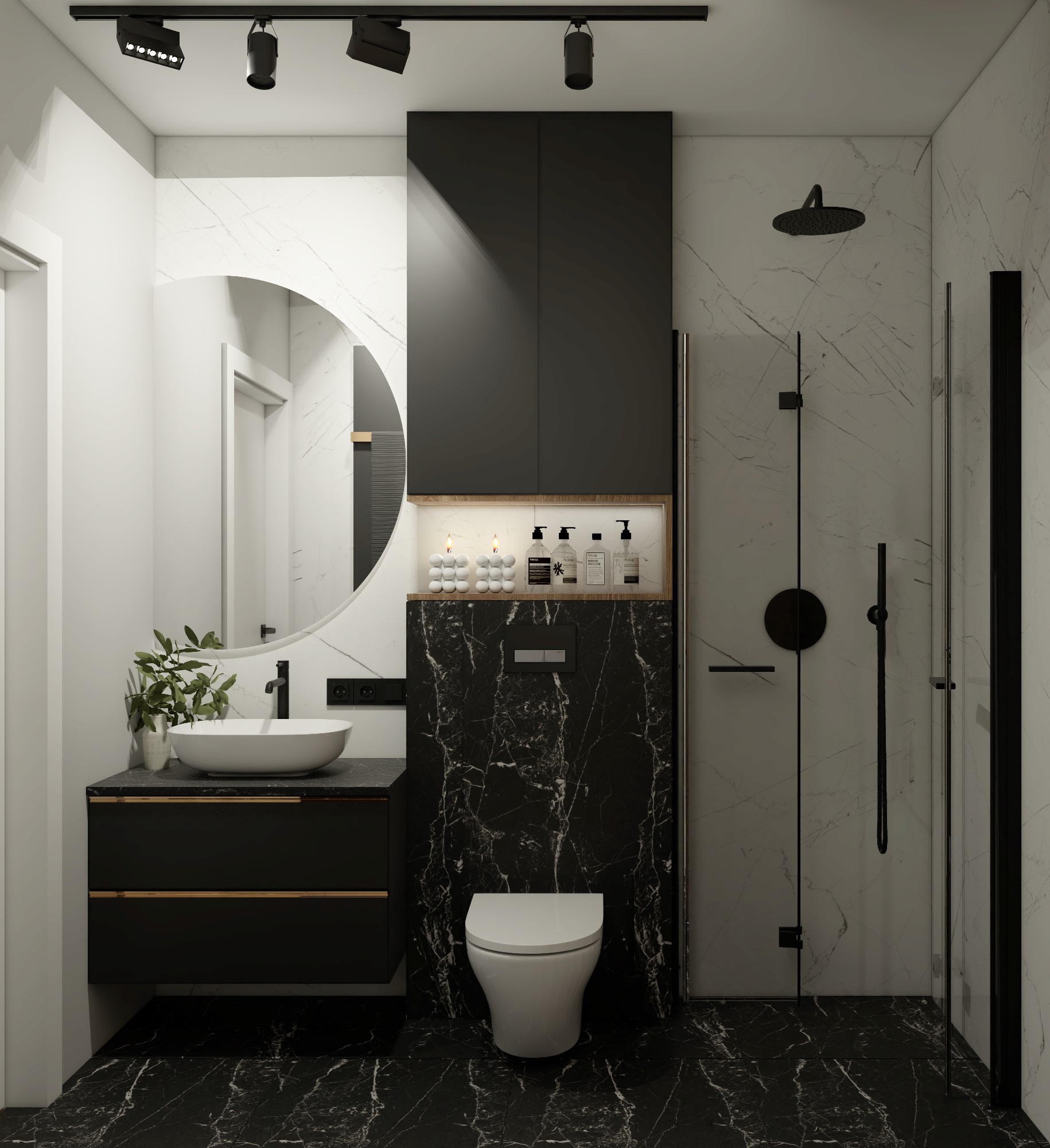 Nowoczesna łazienka w czerni i bieli z marmurowymi płytkami, okrągłym lustrem, wiszącą szafką z podświetlaną wnęką na kosmetyki, umywalką nablatową i kabiną prysznicową typu walk-in z czarnym...