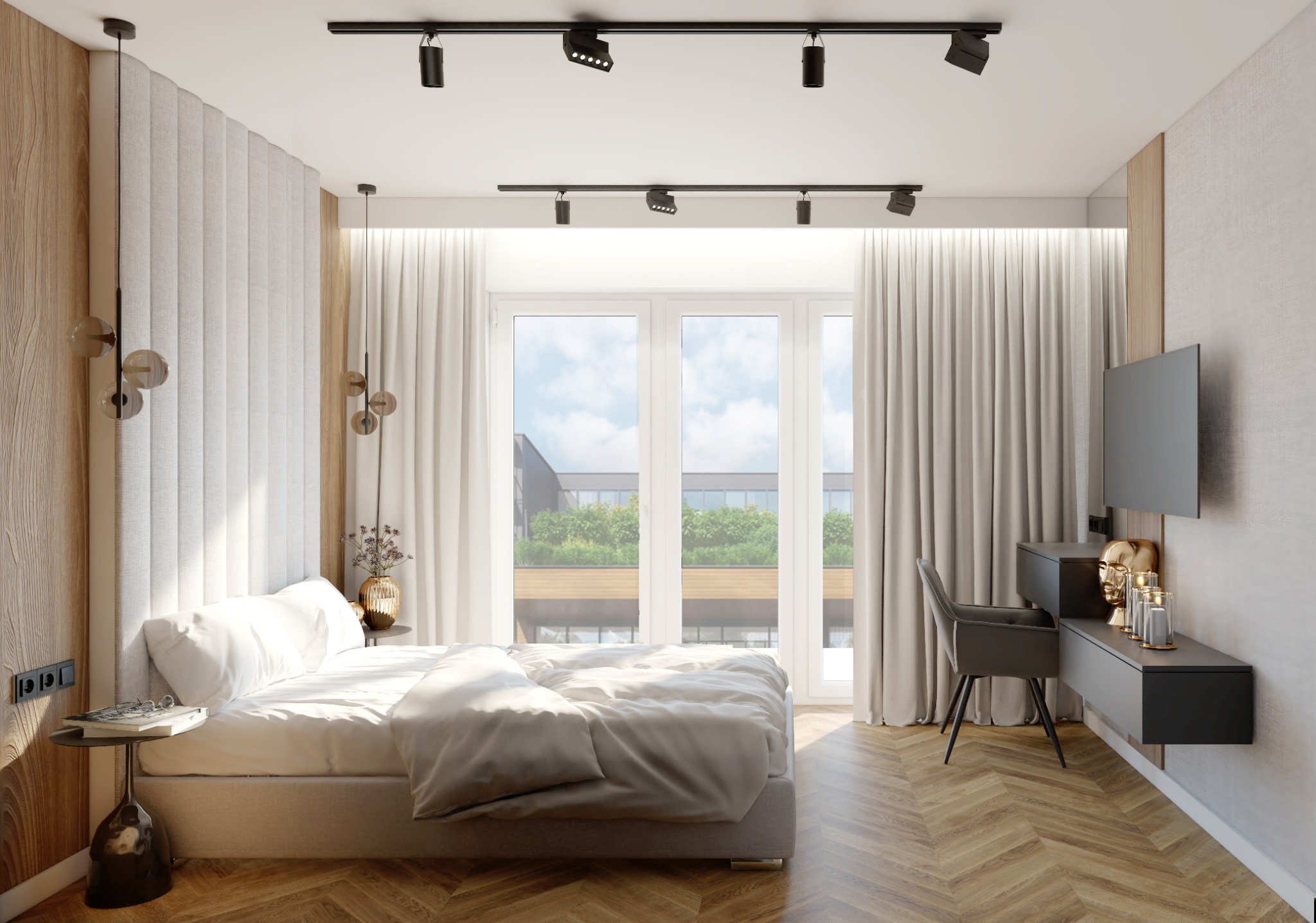 Nowoczesna sypialnia z łóżkiem, biurkiem i dużym oknem balkonowym; parkiet w jodełkę, oświetlenie szynowe, dekoracyjna lampa wisząca i złota rzeźba na biurku.